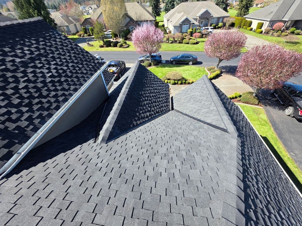 Aerial view of a gray shingle roof with surrounding residential landscaping and trees.